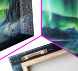 Panoramic Aurora Borealis Wall Art, Framed Canvas Print, Snowy Winter Landscape Painting, Winter Centerpiece Wall Art