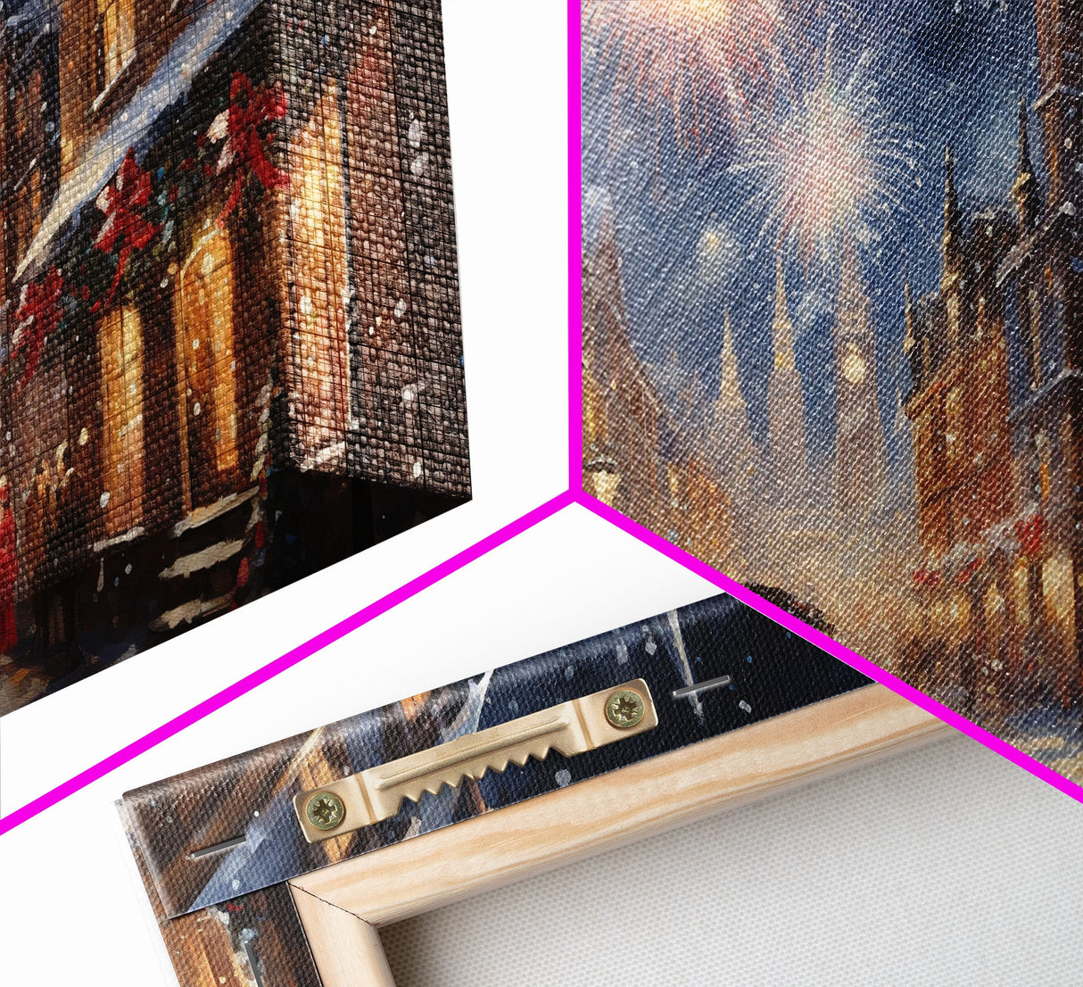 Christmas / New Years Fireworks - Framed Canvas Print - Christmas Wall Art - Christmas Oil Painting - Holiday Decor - Seasonal Art