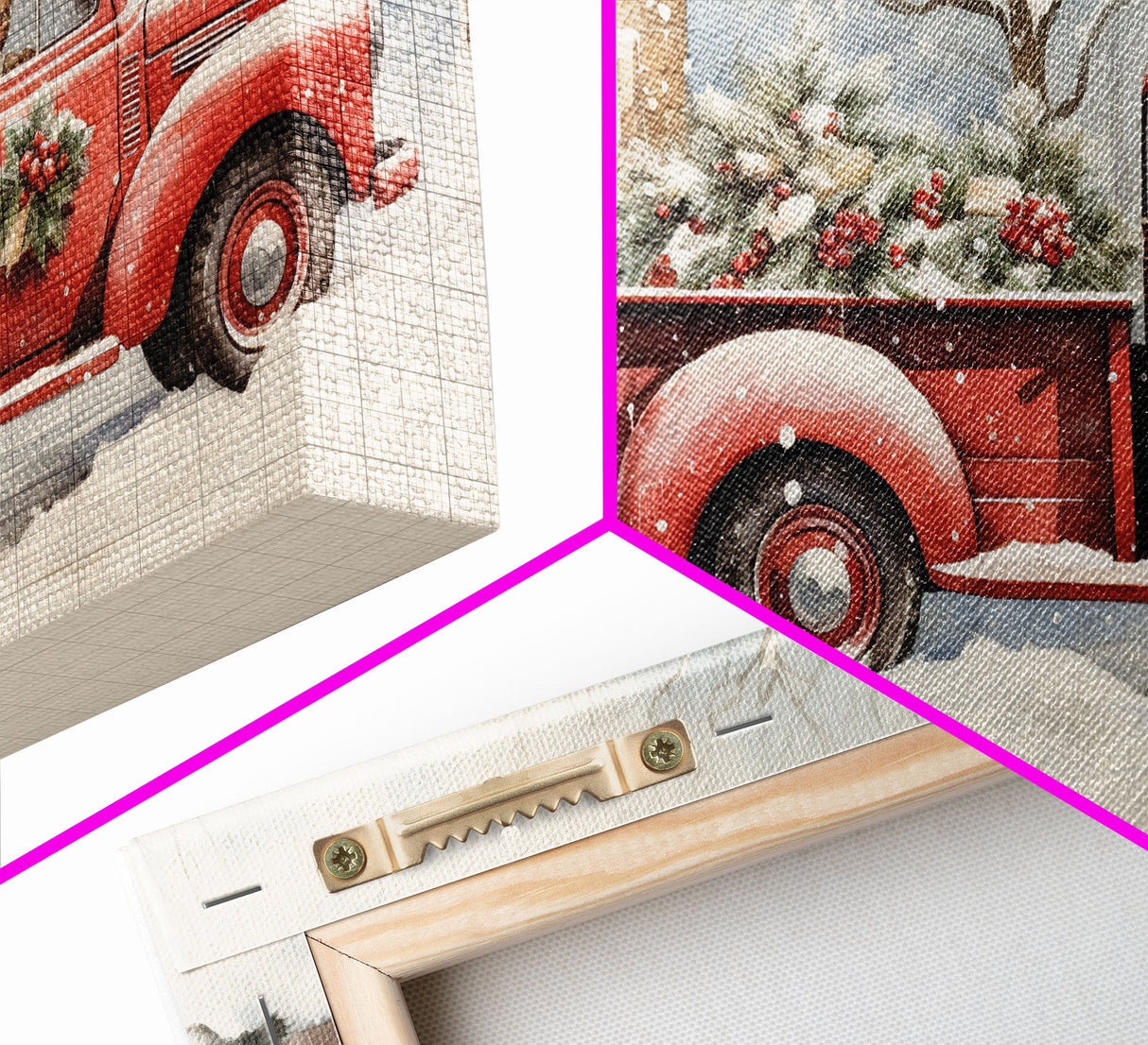 Christmas Tree Delivery - Retro Farmhouse Christmas Decor - Old Red Truck Delivering Christmas Trees - Framed Canvas Print - Holiday Decor