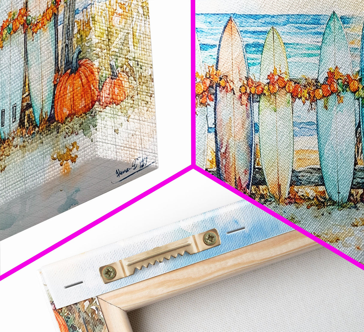 Framed Canvas Print Beach Scene with Surfboards and Pumpkins, Fall Beach Decor, Autumn Coastal Wall Art, Perfect Fall Beach Theme