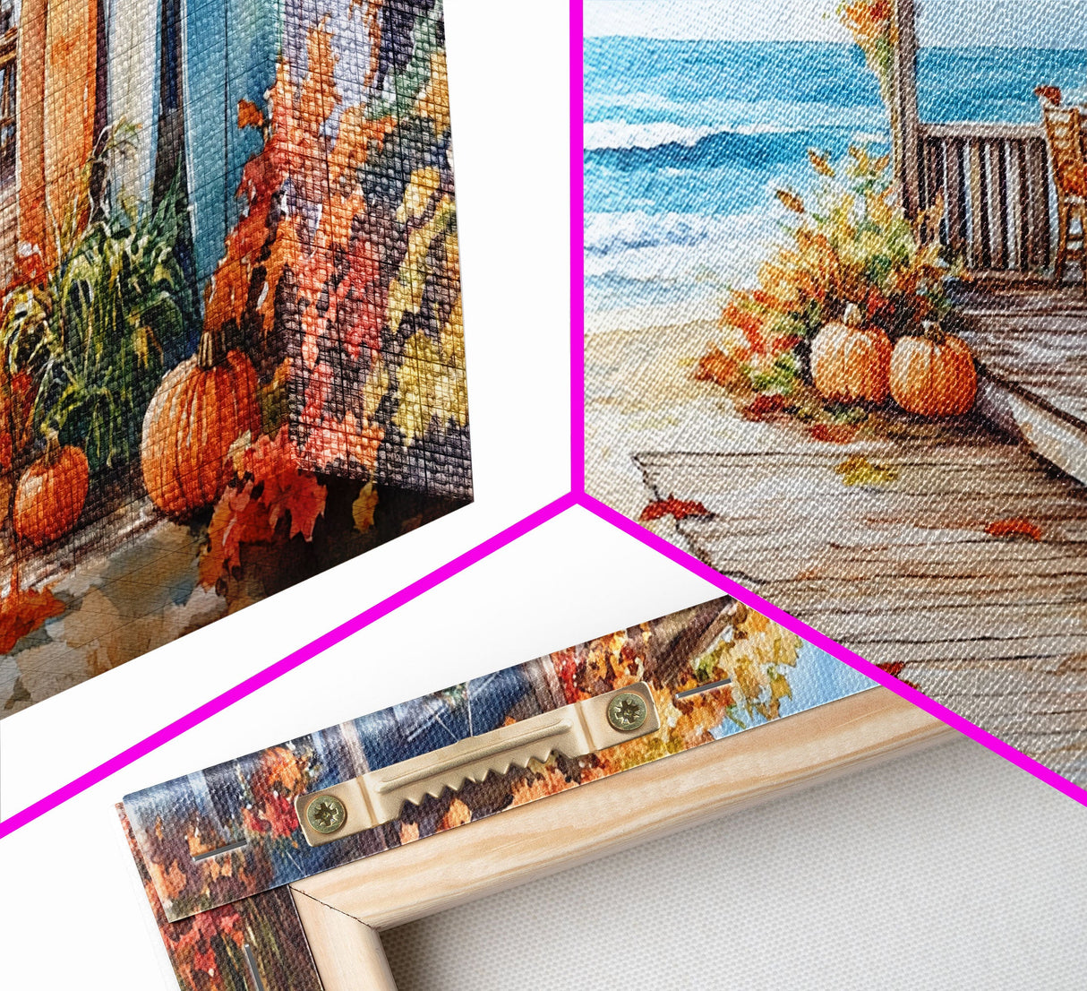 Autumn surfboard porch decor scene, Framed Canvas Print with pumpkins and fall leaves on beach, autumn beach house wall art and decor piece