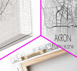 Panoramic Akron City Map, Ohio Art, Map Print, Minimalist Wall Art, Canvas Art, Housewarming Gift, Street Map Art, Closing Gift