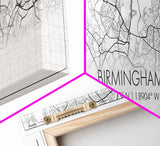 Panoramic Birmingham City Map, United Kingdom Art, Map Print, Minimalist Wall Art, Canvas Art, Housewarming Gift, Street Map, Closing Gift