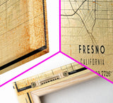 Panoramic Distressed Fresno California Map, Framed Canvas Print Or Poster, California Map Print, City Wall Art Map Print, Rustic Map Art