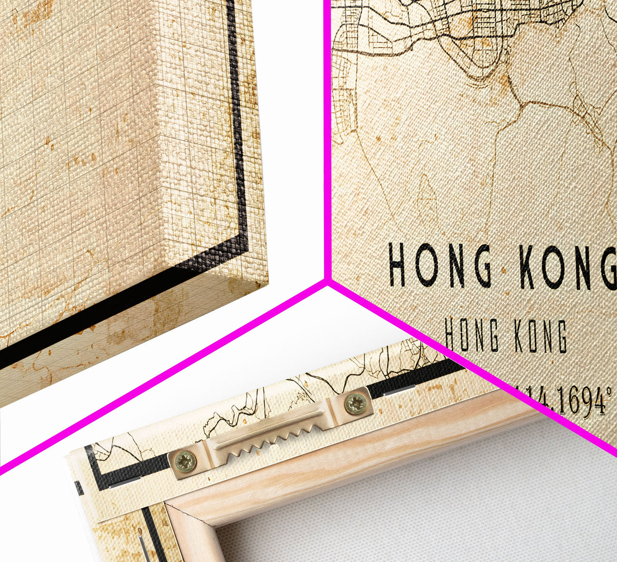 Vintage Panoramic Hong Kong City Map Wall Art Canvas Print, Distressed Hong Kong Map, Framed Wall Art, Cool Travel Wall Art, Office Art