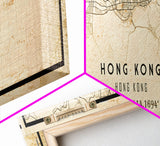 Vintage Panoramic Hong Kong City Map Wall Art Canvas Print, Distressed Hong Kong Map, Framed Wall Art, Cool Travel Wall Art, Office Art