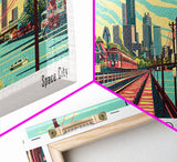 Houston Texas Panoramic Travel Poster Framed Canvas Print, Mid Century Modern Art, Pop Art Style, Wall Art, Living Room Decor, Home Decor, Retro Style Art