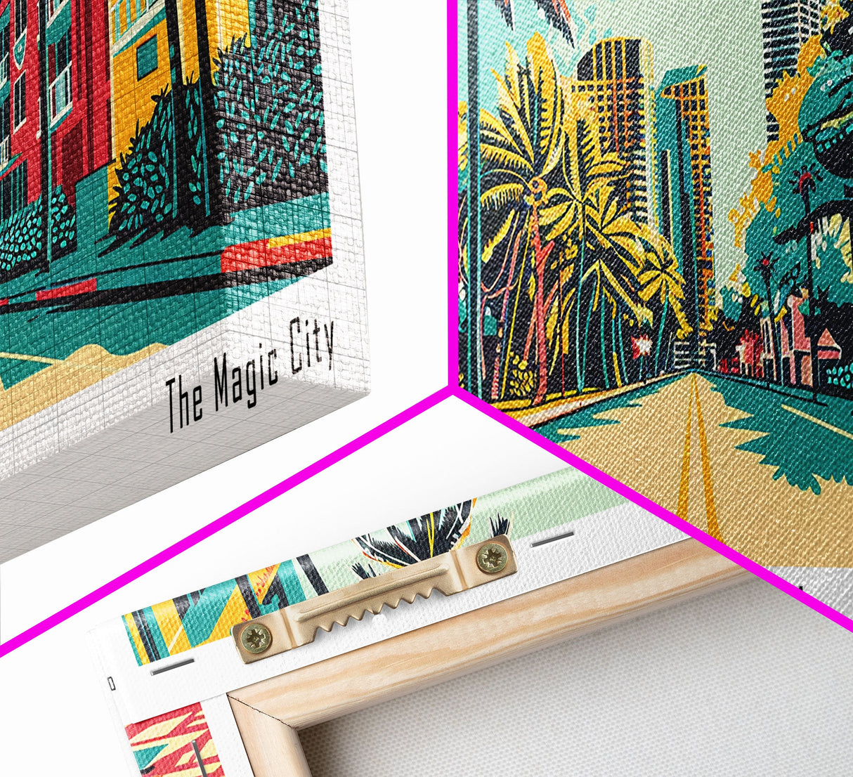 Miami Florida Panoramic Painting Framed Canvas Print, Travel Poster, Mid Century Modern Art, Pop Art Style, Wall Decor, Office Wall Art