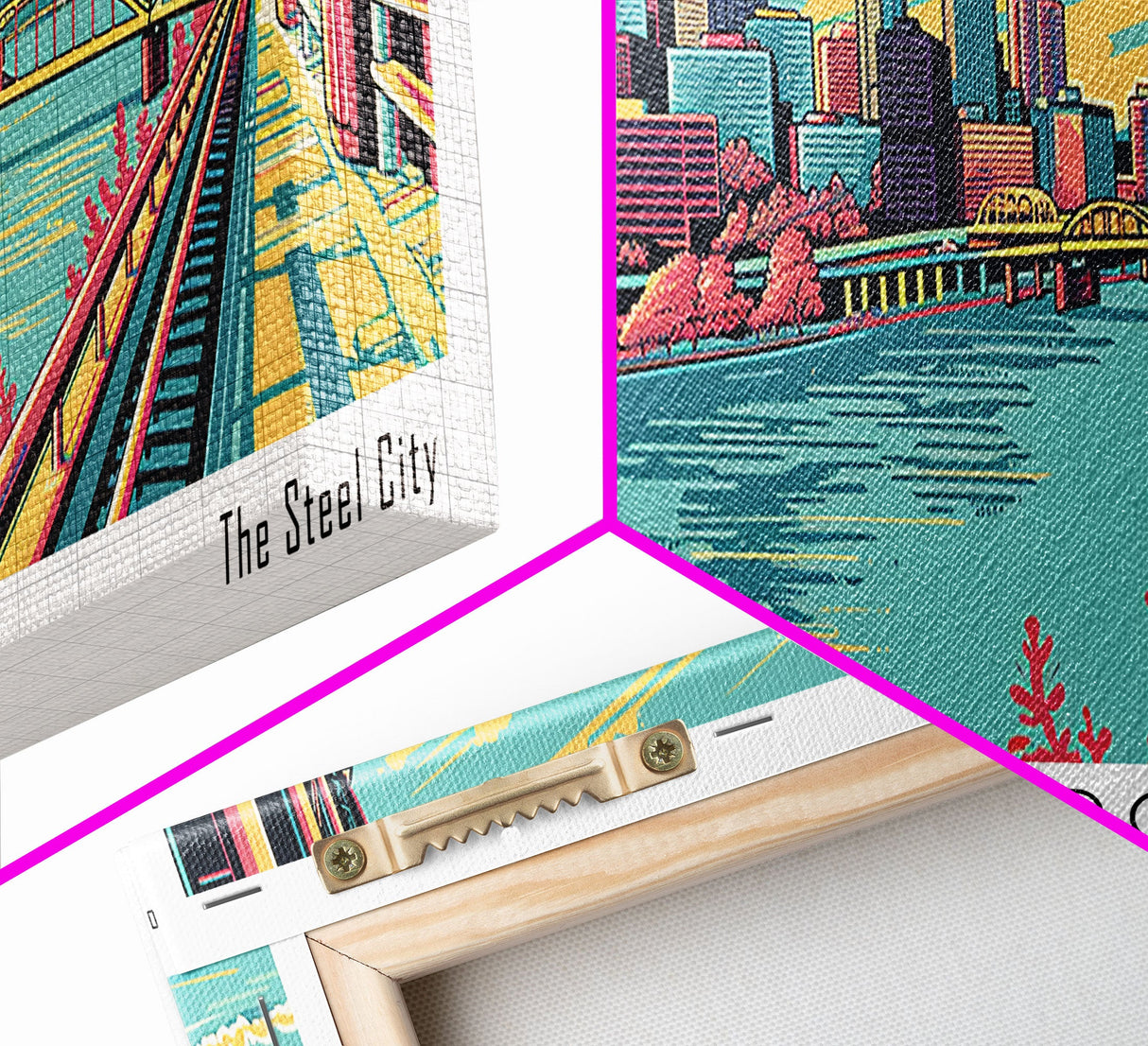 Pittsburgh Pennsylvania Panoramic Painting Framed Canvas Print, Travel Poster, Mid Century Modern Art, Pop Art Style, Wall Decor, Retro Style Art