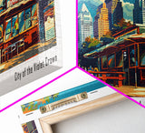 Austin Texas Panoramic Travel Poster Framed Canvas Print, Mid Century Modern Art, Pop Art Style, Wall Art Decor, Home Decoration