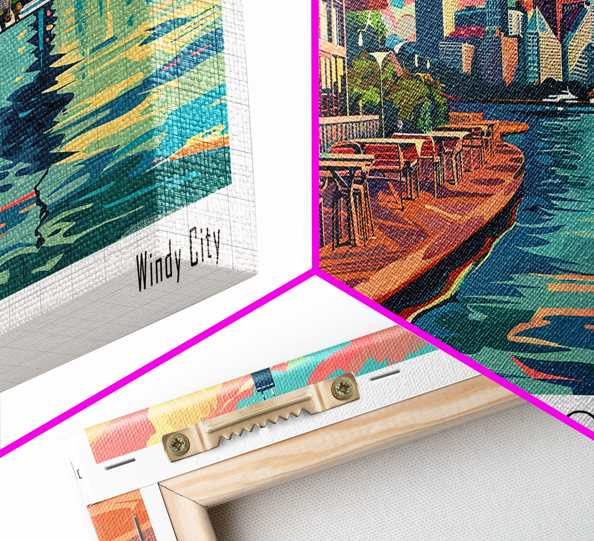 Chicago Illinois Panoramic Painting Framed Canvas Print, Mid Century Modern Art, Pop Art Style, Travel Poster, Living Room Decor