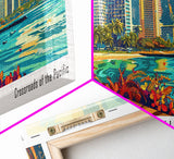 Honolulu Hawaii Panoramic Wall Art Framed Canvas Print, Mid Century Modern Art, Pop Art Style, Travel Poster, Home Decor, Retro Style