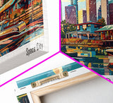 Houston Texas Panoramic Painting Framed Canvas Print, Mid Century Modern Art, Pop Art Style, Travel Poster, Wall Art Decor