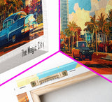 Miami Florida Panoramic Framed Canvas Print, Mid Century Modern Wall Art, Pop Art Home Decor, Retro Style Travel Poster