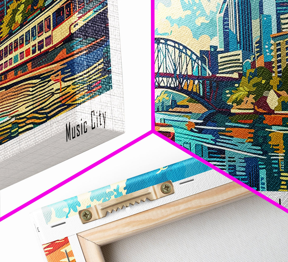 Nashville Tennessee Panoramic Framed Canvas Print, Mid Century Modern Pop Art, Retro Wall Art Decor, Travel Poster Painting