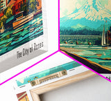 Portland Oregon Panoramic Painting, Mid Century Modern Framed Canvas Print, Retro Style Wall Art, Pop Art Travel Poster