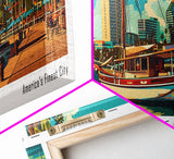 San Diego California Panoramic Painting, Retro Style Framed Canvas Print, Mid Century Modern Wall Art, Pop Art Travel Poster