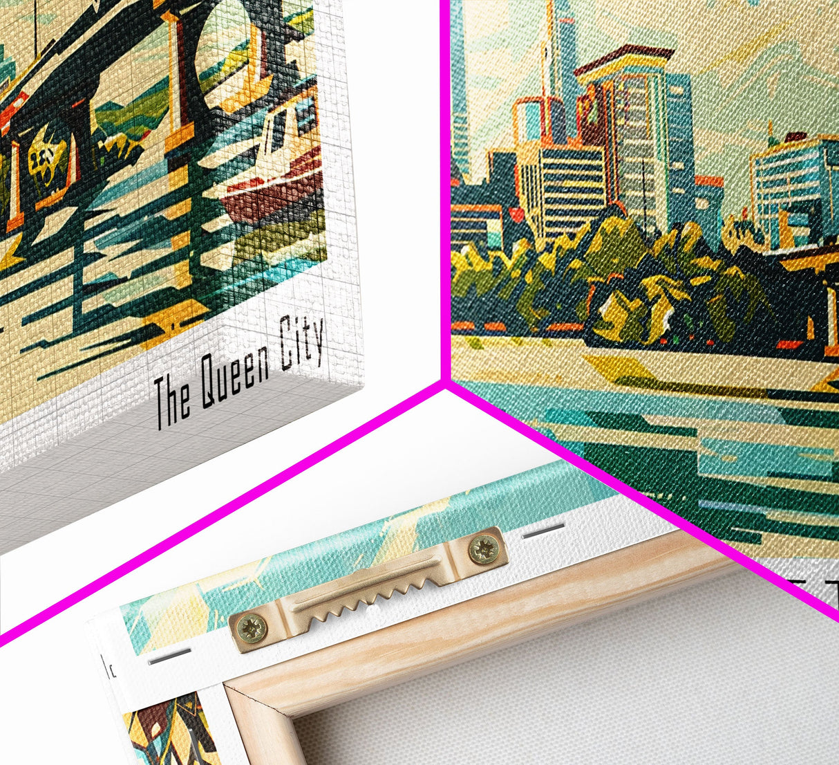 Charlotte North Carolina Panoramic Painting, Mid Century Modern Framed Canvas Print, Retro Pop Art Travel Poster, Wall Art, Home Decor, Office Art