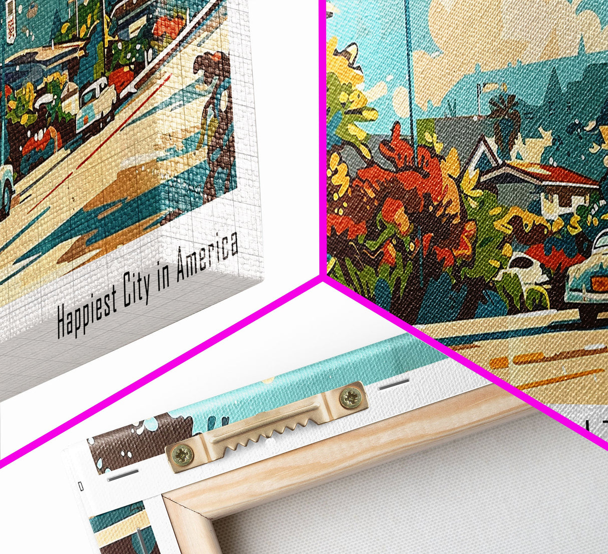 Fremont California Panoramic Painting, Mid Century Modern Framed Canvas Print, Retro Pop Art Travel Poster, Wall Decor, Gift Idea, Home Decor