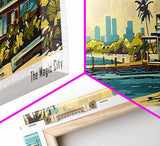 Miami Florida Panoramic Wall Art, Mid Century Modern Framed Canvas Print, Retro Pop Art Travel Poster, Home Decor, Office Art, Living Room Wall Hanging, Gift Idea