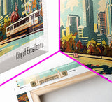 Plano Texas Panoramic Painting, Mid Century Modern Framed Canvas Print, Retro Pop Art Travel Poster, Living Room and Office Decor