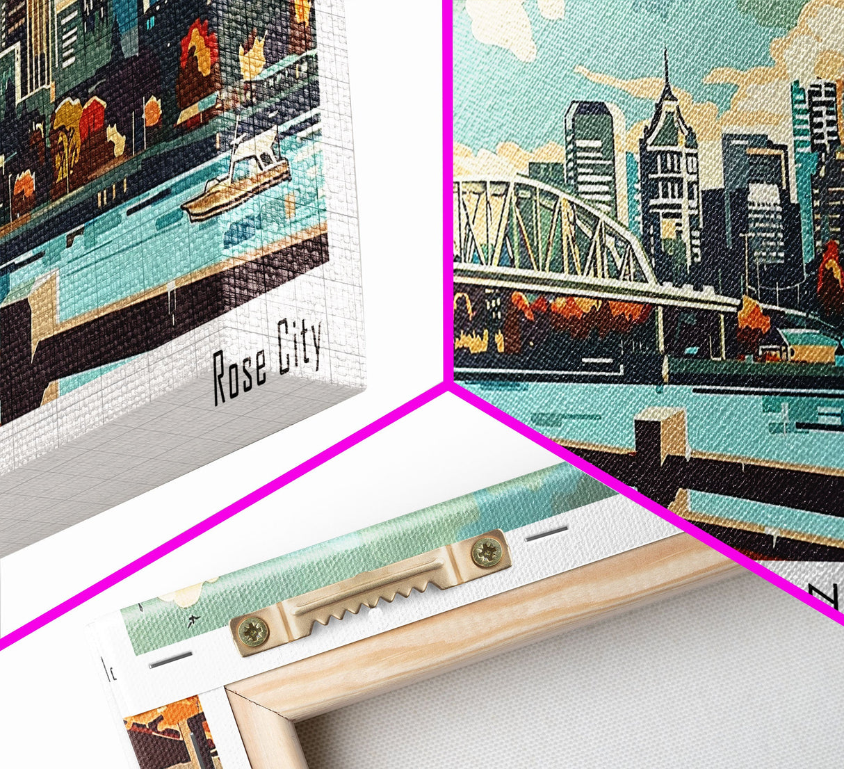 Portland Oregon Panoramic Wall Art, Mid Century Modern Framed Canvas Print, Retro Pop Art Travel Poster, Home Office and Living Room Decor