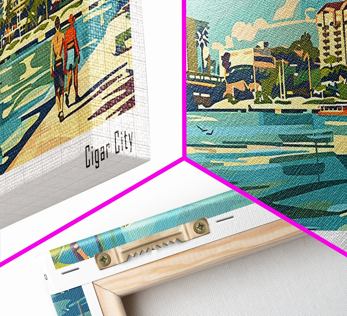 Tampa Florida Panoramic Painting, Mid Century Modern Framed Canvas Print, Retro Pop Art Travel Poster, Living Room and Office Decor