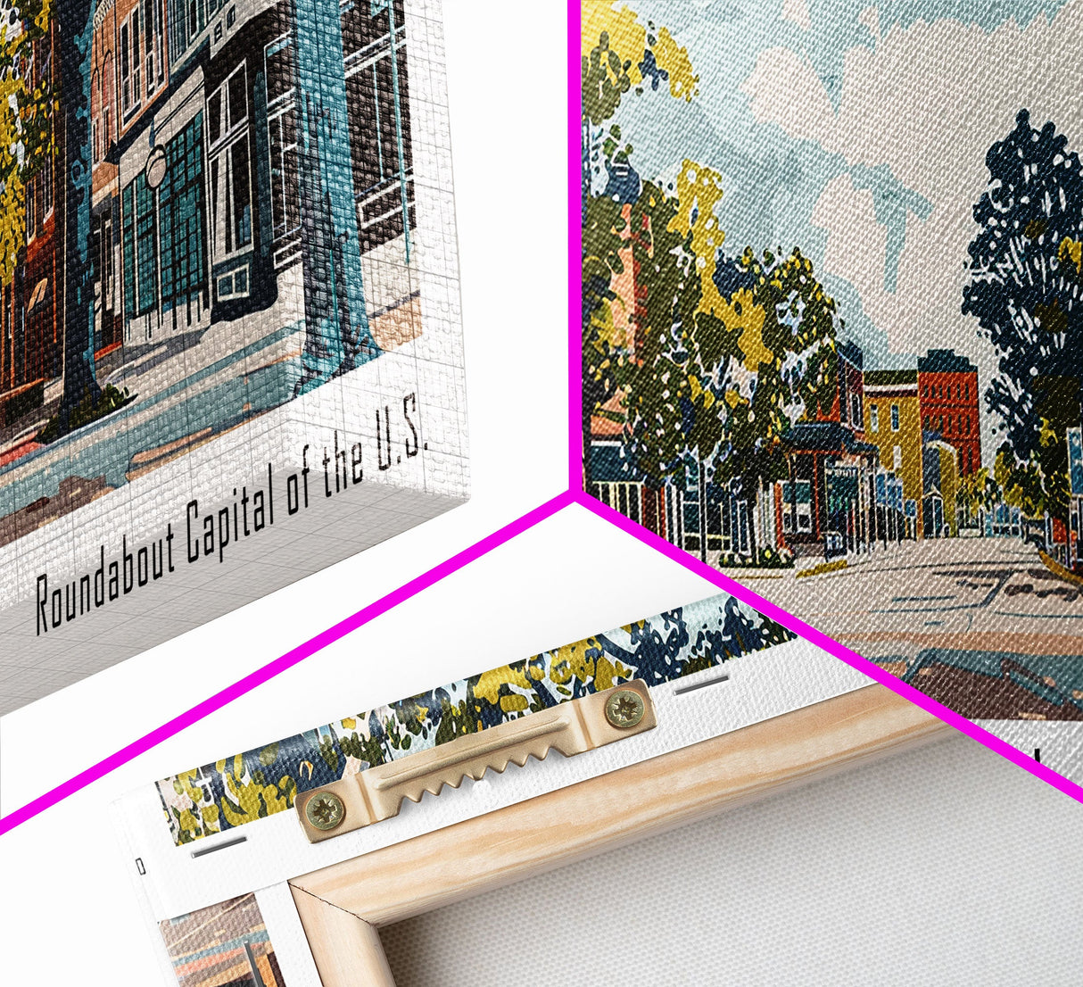 Carmel Indiana Panoramic Painting, Mid Century Modern Framed Canvas Print, Retro Pop Art Travel Poster, Home Decor, City Art