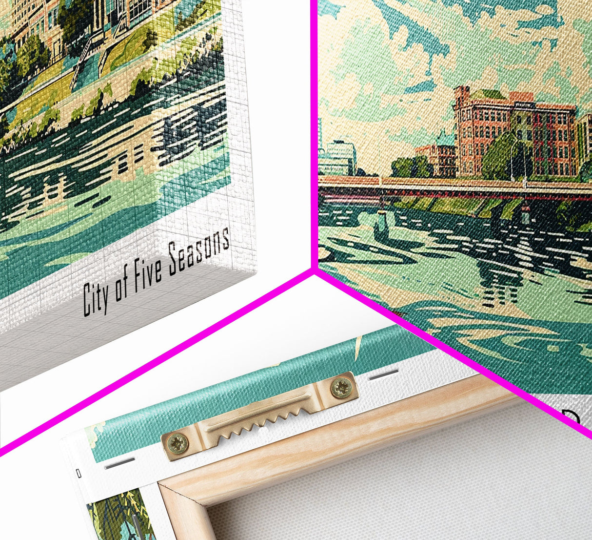 Cedar Rapids Iowa Panoramic Painting, Mid Century Modern Framed Canvas Print, Retro Pop Art Travel Poster, Living Room Wall Art Decor, City Print