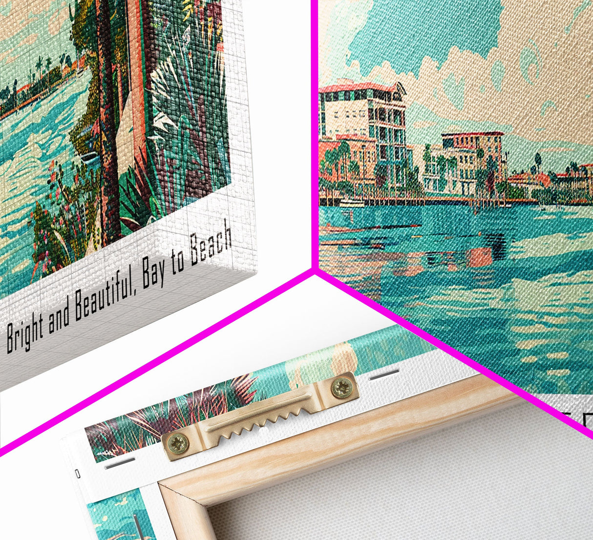 Clearwater Florida Panoramic Painting, Mid Century Modern Framed Canvas Print, Retro Pop Art Travel Poster, Home Decor, City Art