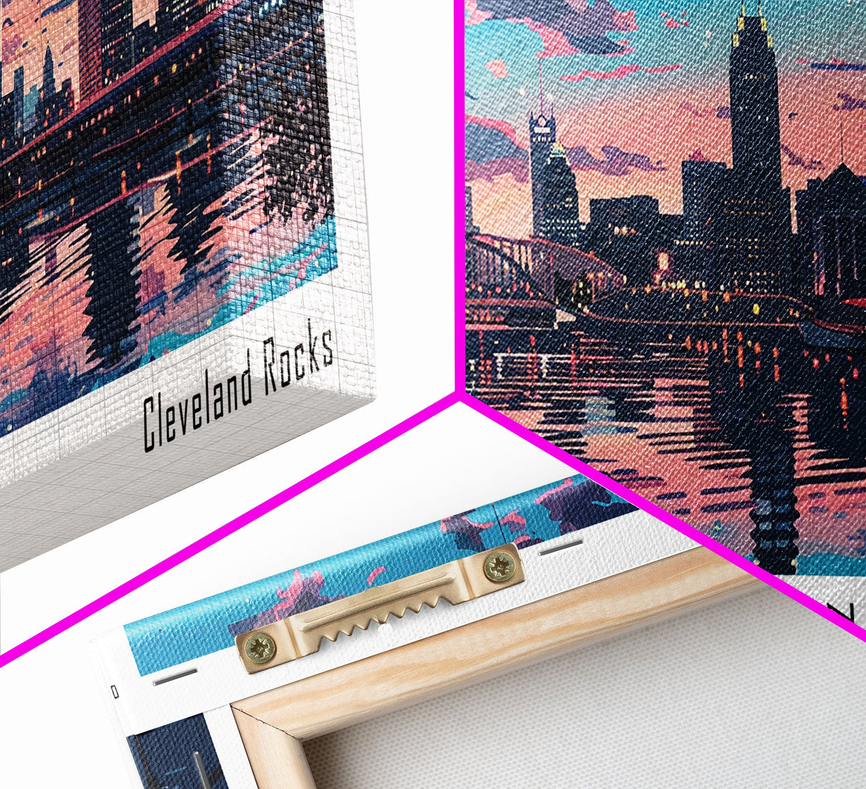 Cleveland Ohio Panoramic Painting, Mid Century Modern Framed Canvas Print, Retro Pop Art Travel Poster, City Wall Art, Office Decor