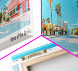 Downey California Panoramic Wall Art, Mid Century Modern Framed Canvas Print, Retro Pop Art Travel Poster, City Living Room Decor, Home Decor