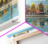 Fishers Indiana Panoramic Painting, Mid Century Modern Framed Canvas Print, Retro Pop Art Travel Poster, Home Wall Decor