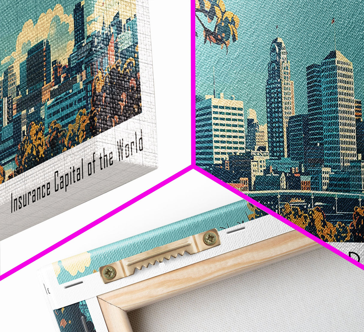 Hartford Connecticut Panoramic Painting, Mid Century Modern Framed Canvas Print, Retro Pop Art Travel Poster, Home Wall Decor