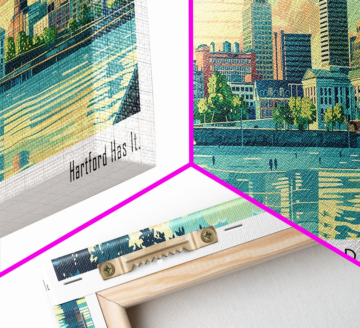 Hartford Connecticut Panoramic Painting, Mid Century Modern Framed Canvas Print, Retro Pop Art Travel Poster, Home Wall Decor