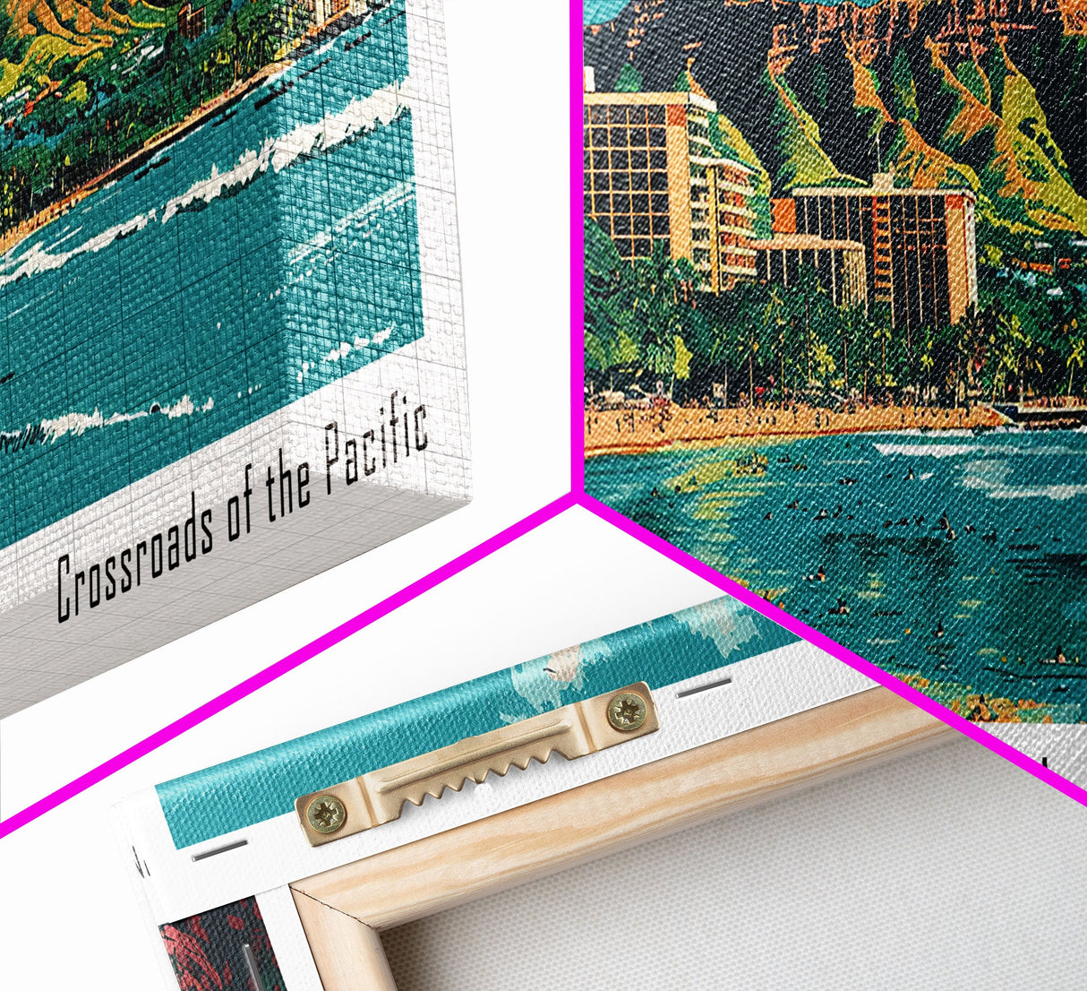 Honolulu Hawaii Panoramic Painting, Mid Century Modern Framed Canvas Print, Retro Pop Art Travel Poster, Home Wall Decor