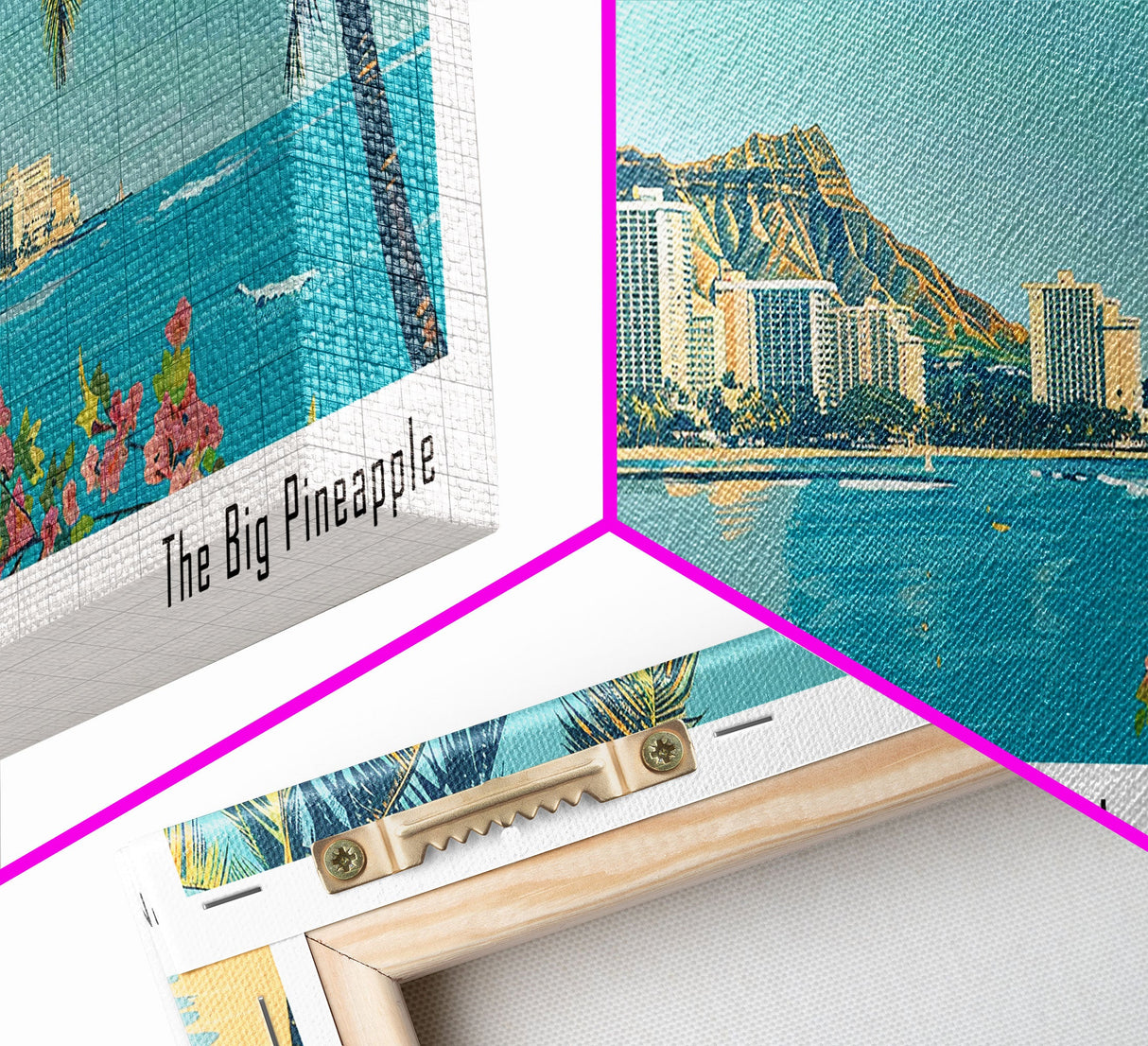 Honolulu Hawaii Panoramic Painting, Mid Century Modern Framed Canvas Print, Retro Pop Art Travel Poster, Home Wall Decor