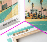 Long Beach California Panoramic Painting, Mid Century Modern Framed Canvas Print, Retro Pop Art Travel Poster, Office Decor