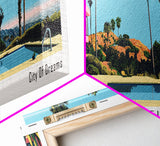 Los Angeles California Panoramic Wall Art, Mid Century Modern Framed Canvas Print, Retro Pop Art Travel Poster, Living Room Art