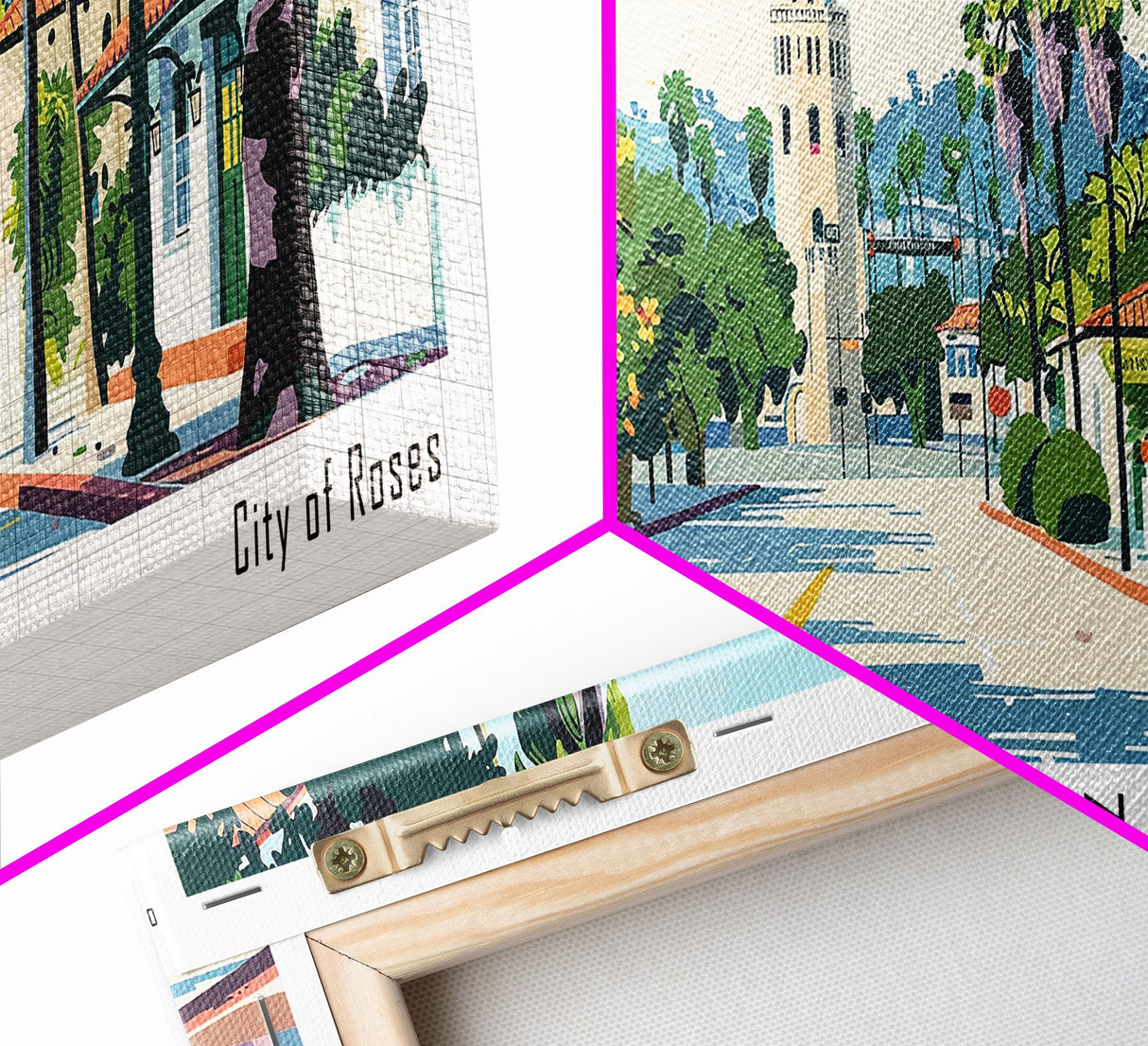 Pasadena California Panoramic Painting, Mid Century Modern Framed Canvas Print, Retro Pop Art Travel Poster, City Art, Office Wall Decor, Living Room Art