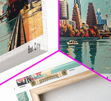 Austin Texas Panoramic Painting, Framed Canvas Print, Mid Century Modern Wall Art, Retro Pop Art Travel Poster, Home Decor, City Art