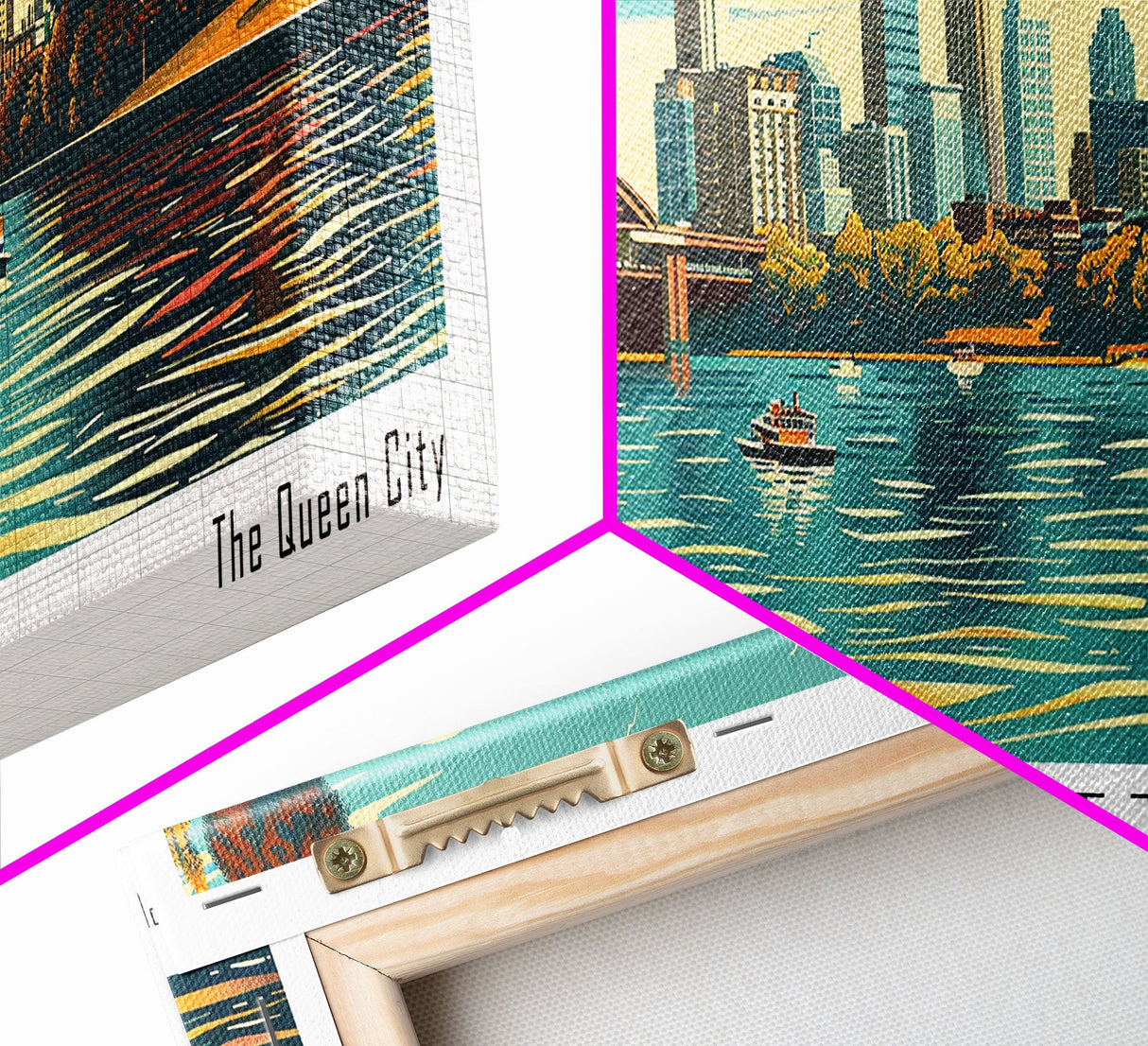 Charlotte North Carolina Panoramic Painting, Framed Canvas Print, Mid Century Modern Wall Art, Retro Pop Art Travel Poster, Living Room Decor, City Art