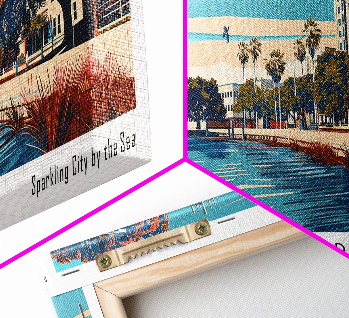 Corpus Christi Texas Panoramic Painting, Framed Canvas Print, Mid Century Modern Wall Art, Retro Pop Art Travel Poster, Office Decor, City Art