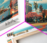 Hialeah Florida Panoramic Wall Art, Framed Canvas Print, Mid Century Modern Style, Retro Pop Art Travel Poster, Living Room Art, Cityscape Decor, Office Wall Art