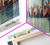 Jersey City New Jersey Panoramic Painting, Framed Canvas Print, Mid Century Modern Wall Art, Retro Pop Art Travel Poster, Cityscape Decor, Office Wall Art, Home Decor