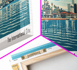 Long Beach California Panoramic Wall Art, Mid Century Modern Framed Canvas Print, Retro Pop Art Travel Poster, Living Room, Gift Idea