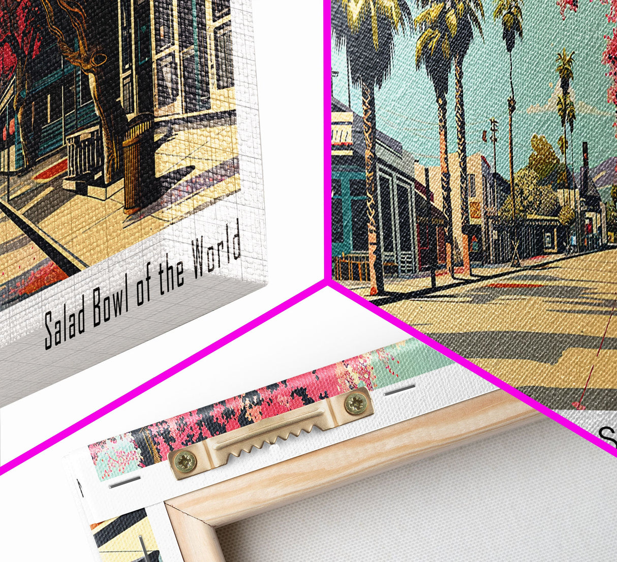 Salinas California Panoramic Painting, Mid Century Modern Framed Canvas Print, Retro Pop Art Travel Poster, Cityscape, Home Decor, Office Wall Art