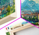 Grenoble France Travel Print Wall Art, Panoramic City Art, Travel Art, Wall Decor, Vacation Gift, Framed Canvas Print Or Metal Art