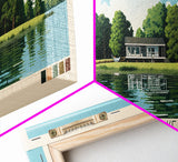 Wallum Lake, Rhode Island Framed Canvas Print, Panoramic Lake House Decor, Midcentury Modern Art, Pop Art, Travel Poster, Bedroom Wall Art