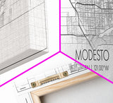 Panoramic Modesto City Map, California Art, Map Print, Minimalist Wall Art, Canvas Art, Housewarming Gift, Street Map Art, Closing Gift